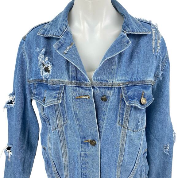 Forever 21 Women Blue Long Sleeve Distressed Button Up Denim Jean Jacket Size S - Picture 3 of 4